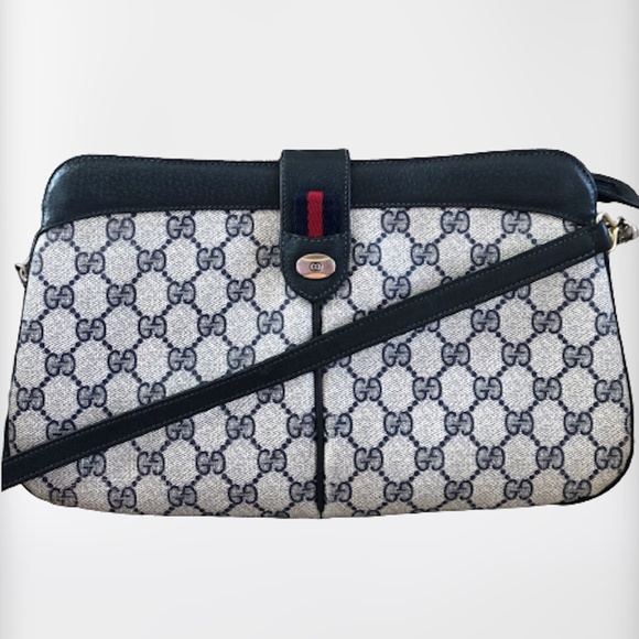 Gucci Handbags - Certified Authentic Vintage Gucci Web Monogram Navy Leather Bag Clutch with COA